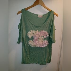 Green Floral Appliqué Cold-Shoulder Women's Top
